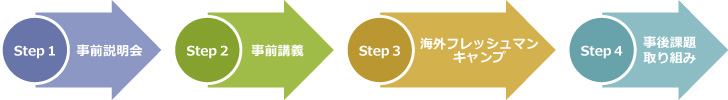 Step1 事前説明会 Step2 事前講義 Step3 海外フレッシュマンキャンプ Step4 事後課題 取り組み